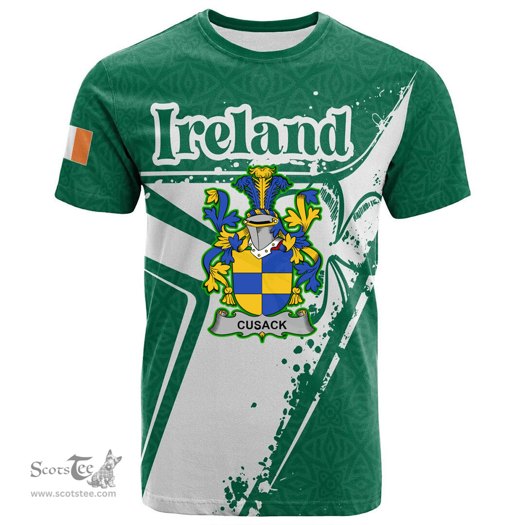 ScotsTee Shop Irish Cusack Coat of Arms Irish Celtic Shamrock T Shirt Add Your Text Personalized T Shirt
