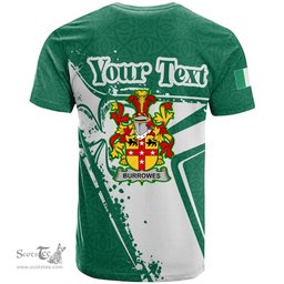 ScotsTee Shop Irish Burrowes Coat of Arms Irish Celtic Shamrock T Shirt Add Your Text Personalized T Shirt