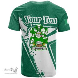 ScotsTee Shop Irish Hanlon or O Hanlon Coat of Arms Irish Celtic Shamrock T Shirt Add Your Text Personalized T Shirt