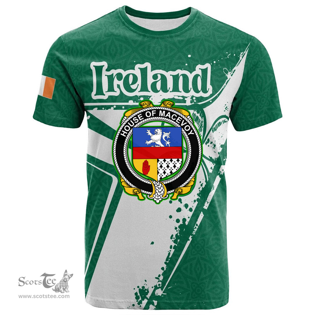 ScotsTee Shop Irish House of MACEVOY Coat of Arms Irish Celtic Shamrock T Shirt Add Your Text Personalized T Shirt