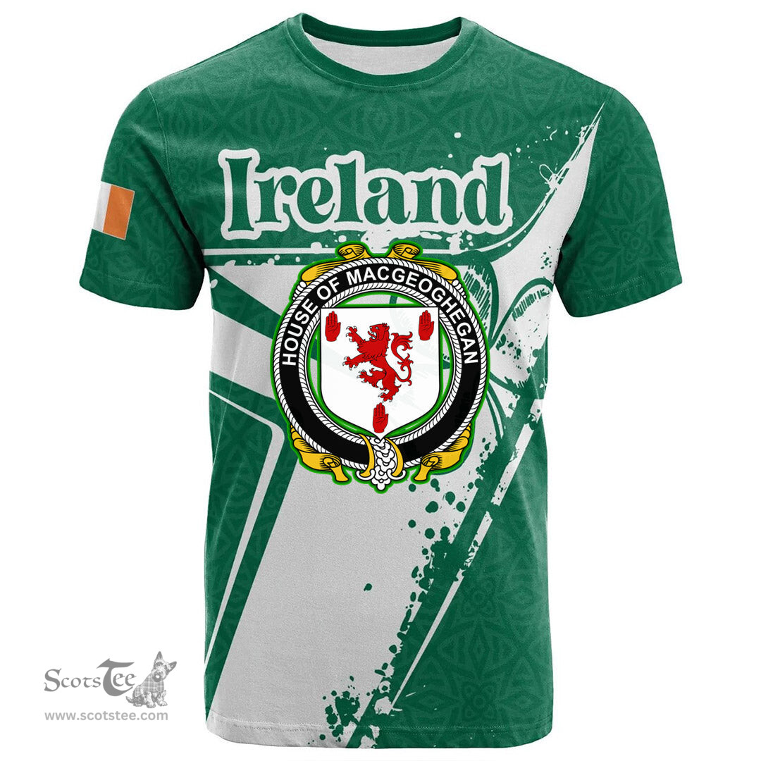 ScotsTee Shop Irish House of MACGEOGHEGAN Coat of Arms Irish Celtic Shamrock T Shirt Add Your Text Personalized T Shirt