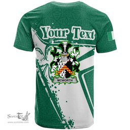 ScotsTee Shop Irish McWorth or MacWorth Coat of Arms Irish Celtic Shamrock T Shirt Add Your Text Personalized T Shirt