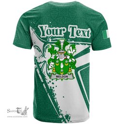 ScotsTee Shop Irish Meldon or Muldoon Coat of Arms Irish Celtic Shamrock T Shirt Add Your Text Personalized T Shirt