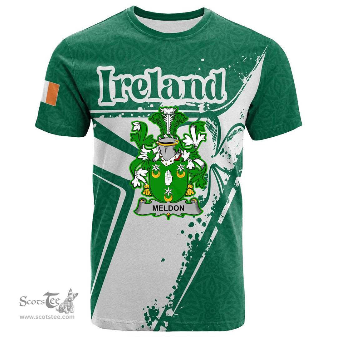 ScotsTee Shop Irish Meldon or Muldoon Coat of Arms Irish Celtic Shamrock T Shirt Add Your Text Personalized T Shirt