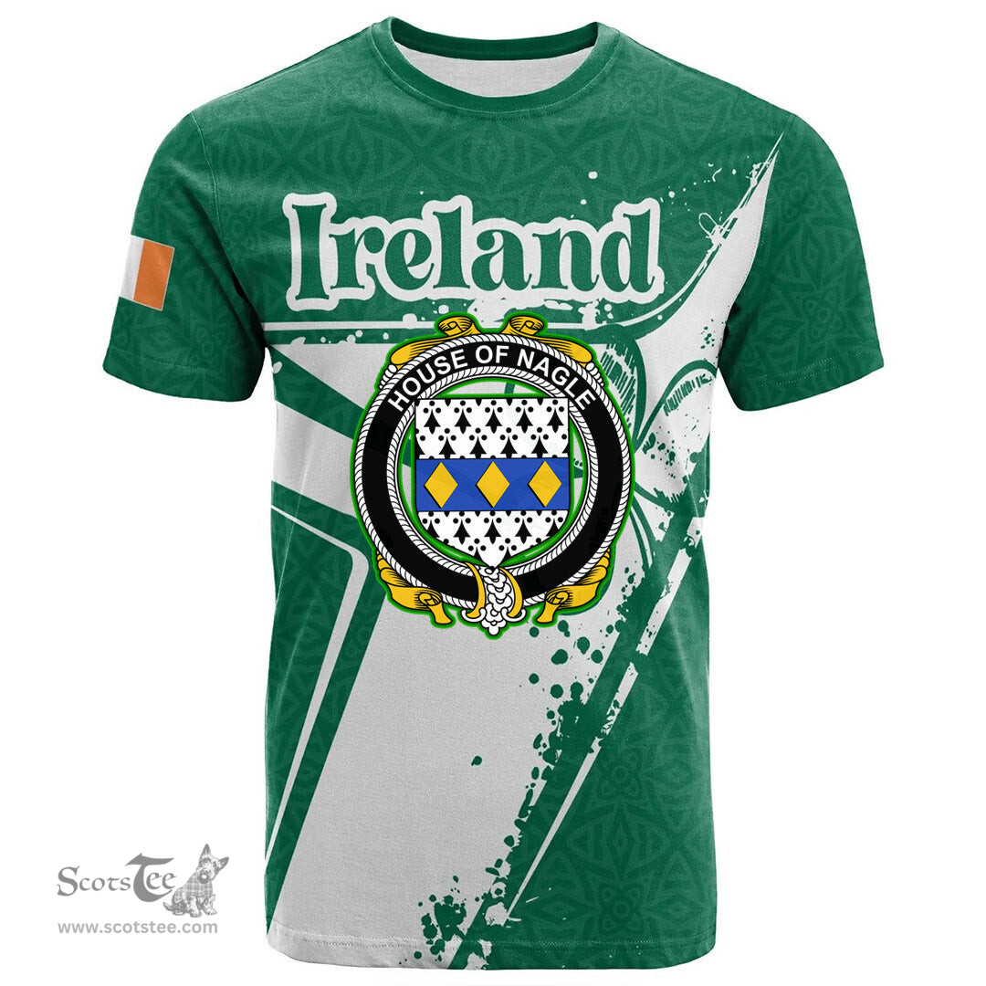 ScotsTee Shop Irish House of NAGLE Coat of Arms Irish Celtic Shamrock T Shirt Add Your Text Personalized T Shirt