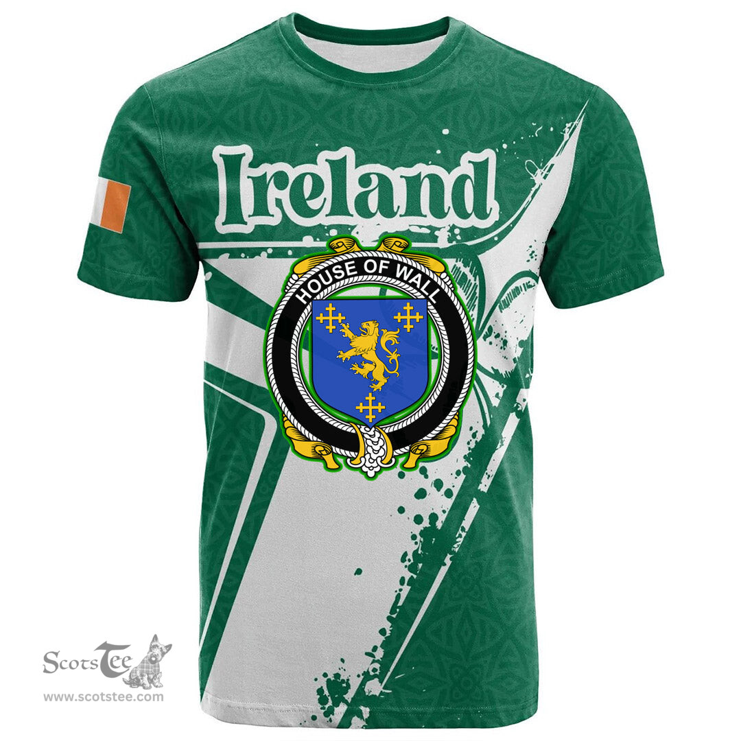 ScotsTee Shop Irish House of WALL Coat of Arms Irish Celtic Shamrock T Shirt Add Your Text Personalized T Shirt