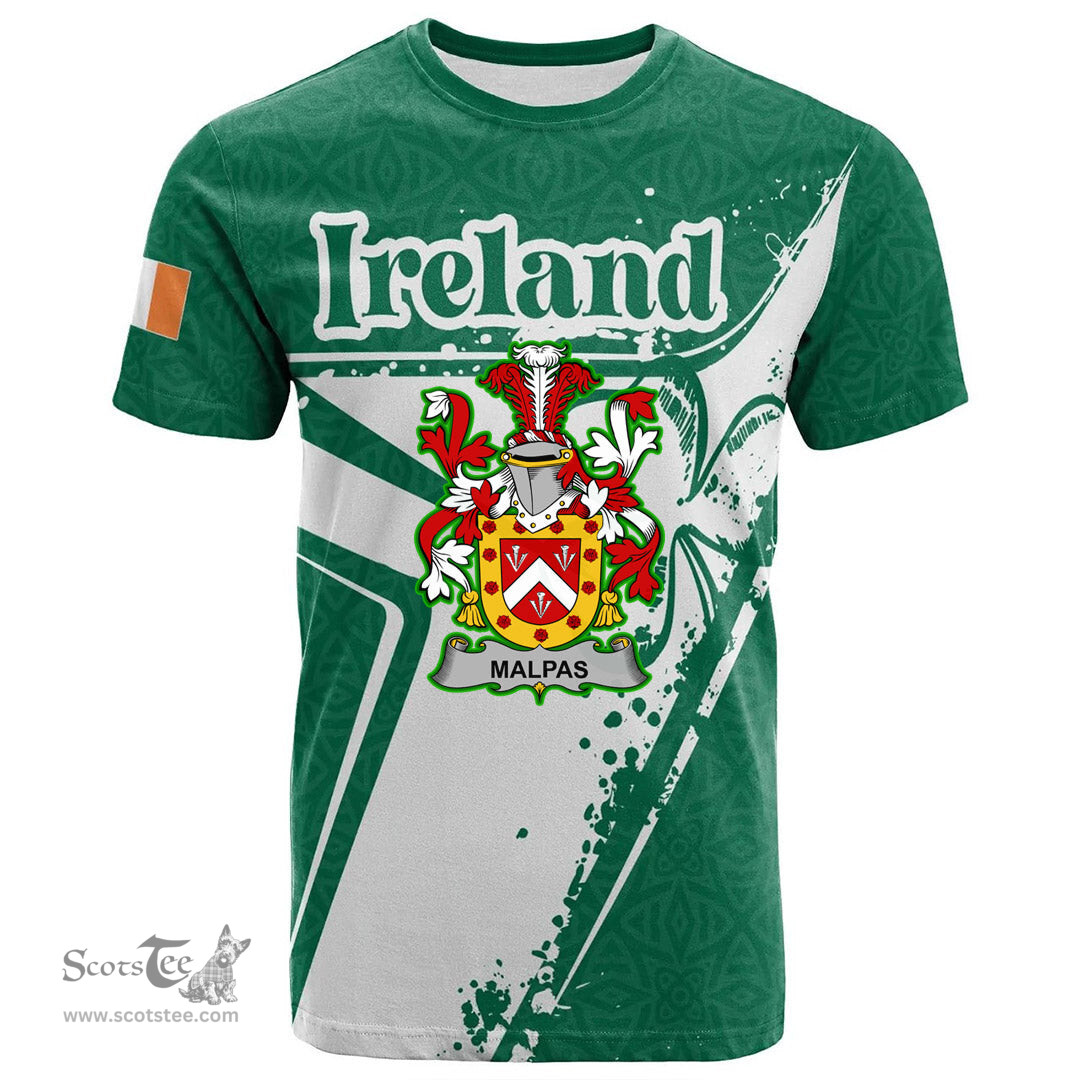 ScotsTee Shop Irish Malpas Coat of Arms Irish Celtic Shamrock T Shirt Add Your Text Personalized T Shirt