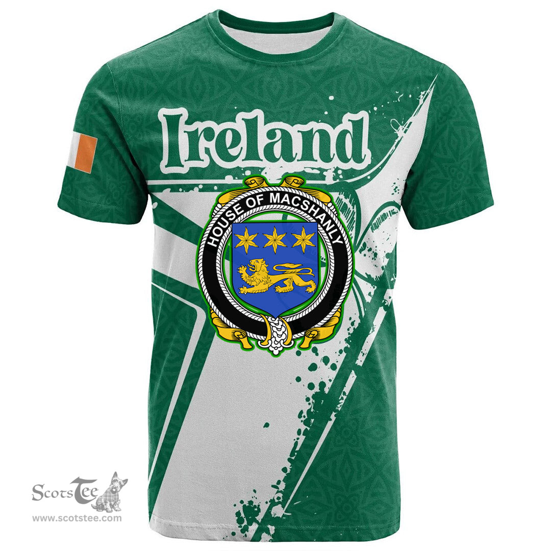 ScotsTee Shop Irish House of MACSHANLY Coat of Arms Irish Celtic Shamrock T Shirt Add Your Text Personalized T Shirt