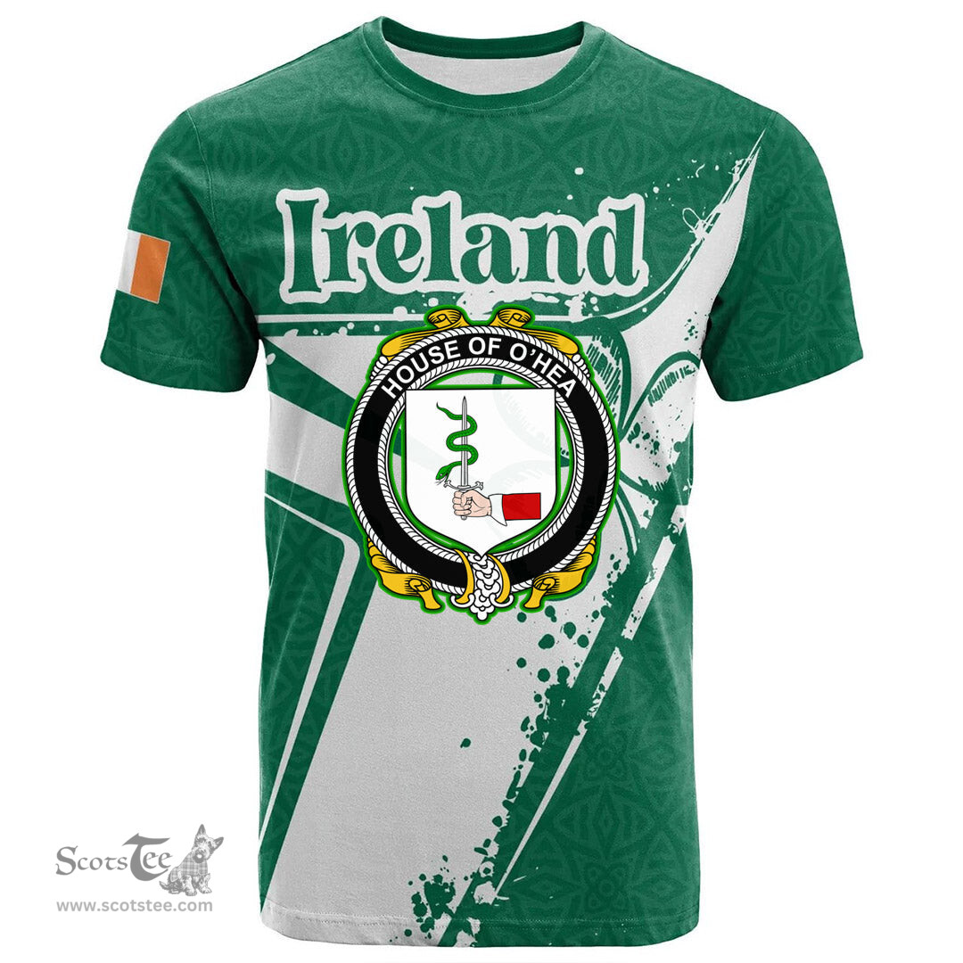ScotsTee Shop Irish House of O HEA Coat of Arms Irish Celtic Shamrock T Shirt Add Your Text Personalized T Shirt