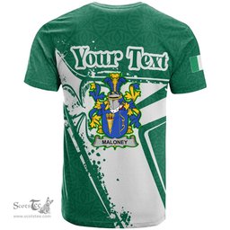 ScotsTee Shop Irish Maloney or O Molony Coat of Arms Irish Celtic Shamrock T Shirt Add Your Text Personalized T Shirt
