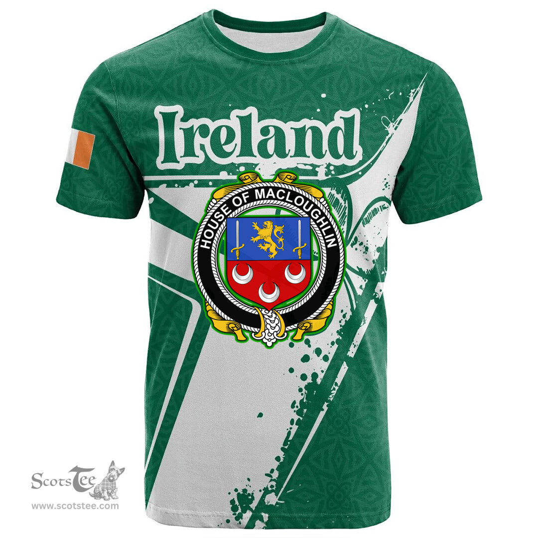ScotsTee Shop Irish House of MACLOUGHLIN Tirconnell Coat of Arms Irish Celtic Shamrock T Shirt Add Your Text Personalized T Shirt