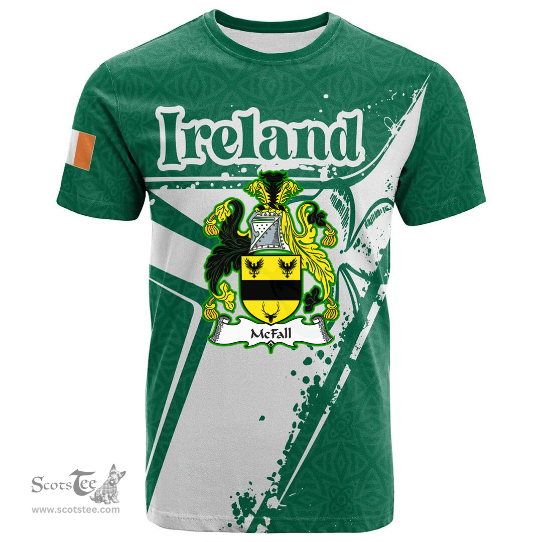 ScotsTee Shop Irish McFall Coat of Arms Irish Celtic Shamrock T Shirt Add Your Text Personalized T Shirt