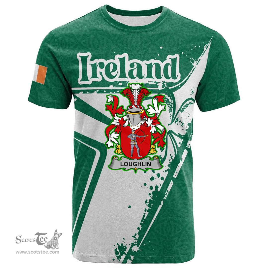 ScotsTee Shop Irish Loughlin or O Loughlin Coat of Arms Irish Celtic Shamrock T Shirt Add Your Text Personalized T Shirt