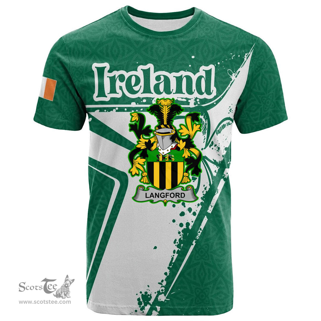 ScotsTee Shop Irish Langford Coat of Arms Irish Celtic Shamrock T Shirt Add Your Text Personalized T Shirt