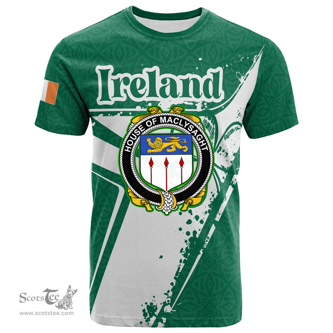 ScotsTee Shop Irish House of MACLYSAGHT Coat of Arms Irish Celtic Shamrock T Shirt Add Your Text Personalized T Shirt