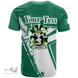 ScotsTee Shop Irish Madden or O Madden Coat of Arms Irish Celtic Shamrock T Shirt Add Your Text Personalized T Shirt
