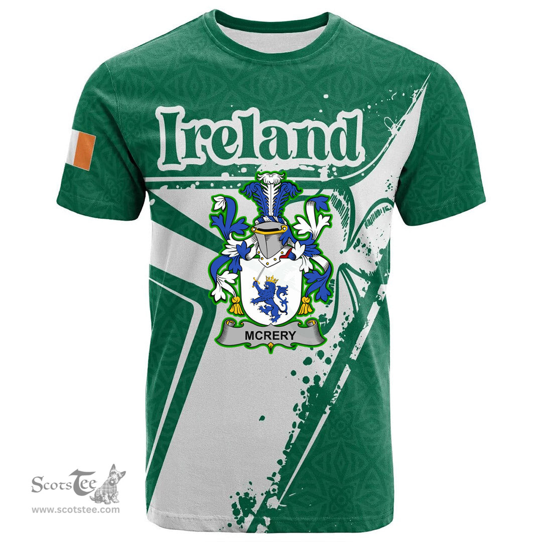 ScotsTee Shop Irish McRery or McCrery Coat of Arms Irish Celtic Shamrock T Shirt Add Your Text Personalized T Shirt