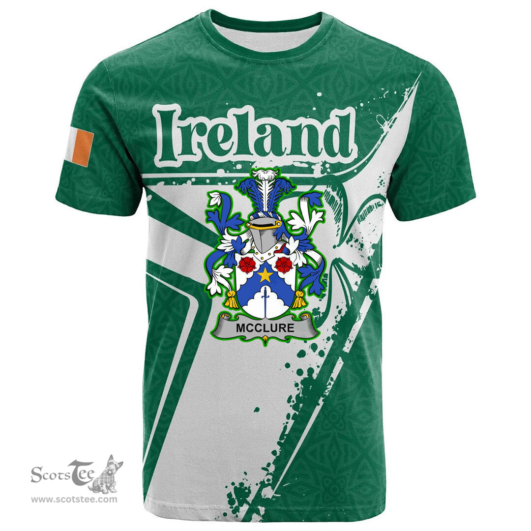 ScotsTee Shop Irish McClure Coat of Arms Irish Celtic Shamrock T Shirt Add Your Text Personalized T Shirt
