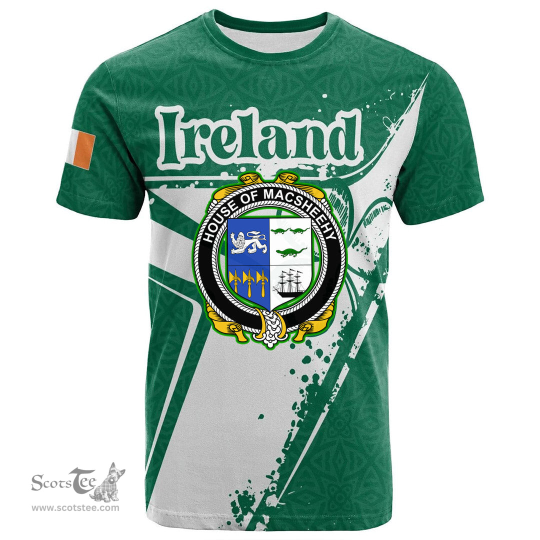 ScotsTee Shop Irish House of MACSHEEHY Coat of Arms Irish Celtic Shamrock T Shirt Add Your Text Personalized T Shirt