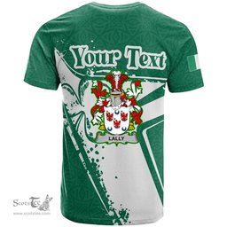 ScotsTee Shop Irish Lally or O Mullally Coat of Arms Irish Celtic Shamrock T Shirt Add Your Text Personalized T Shirt