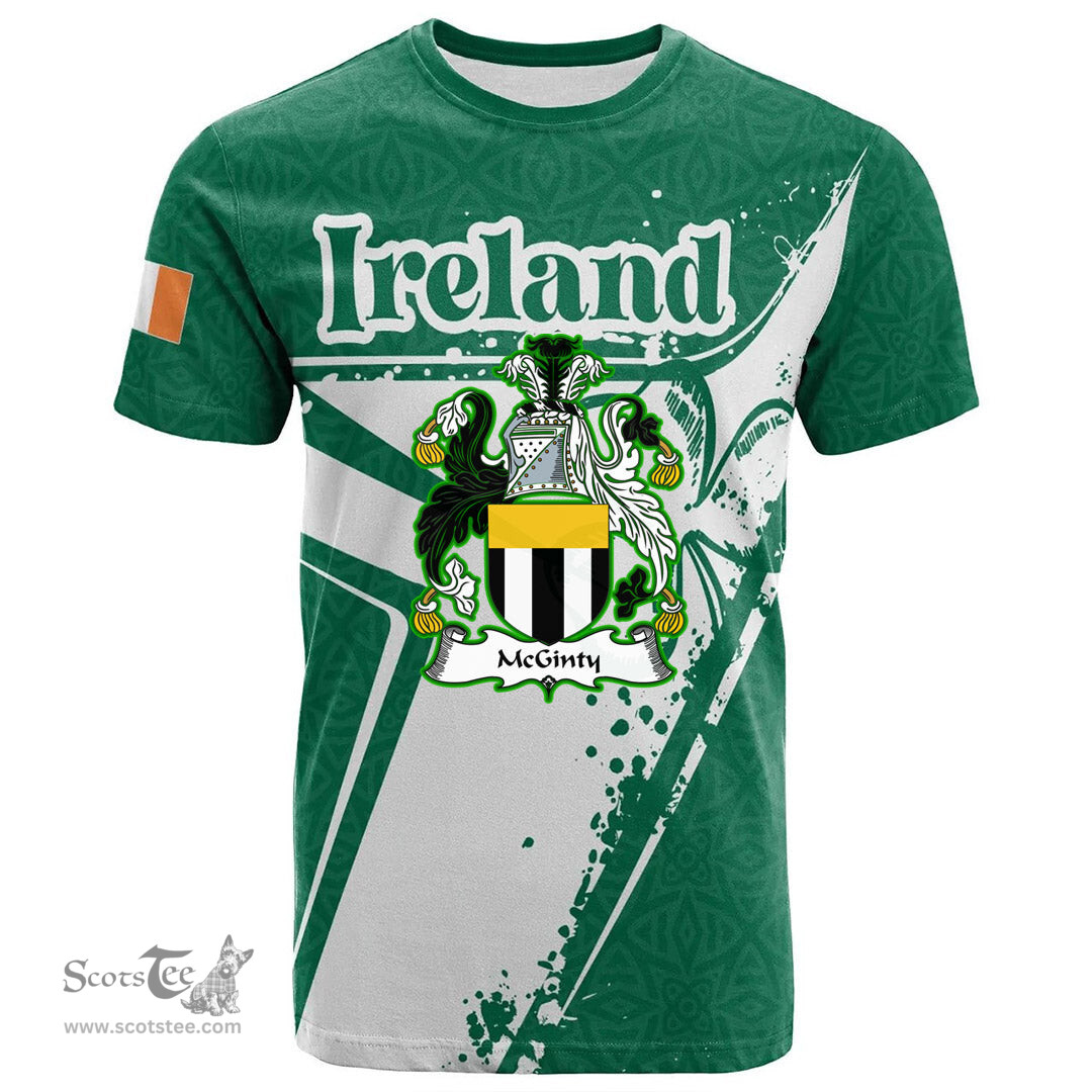 ScotsTee Shop Irish McGinty Coat of Arms Irish Celtic Shamrock T Shirt Add Your Text Personalized T Shirt