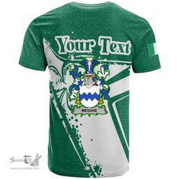 ScotsTee Shop Irish Meighe Coat of Arms Irish Celtic Shamrock T Shirt Add Your Text Personalized T Shirt