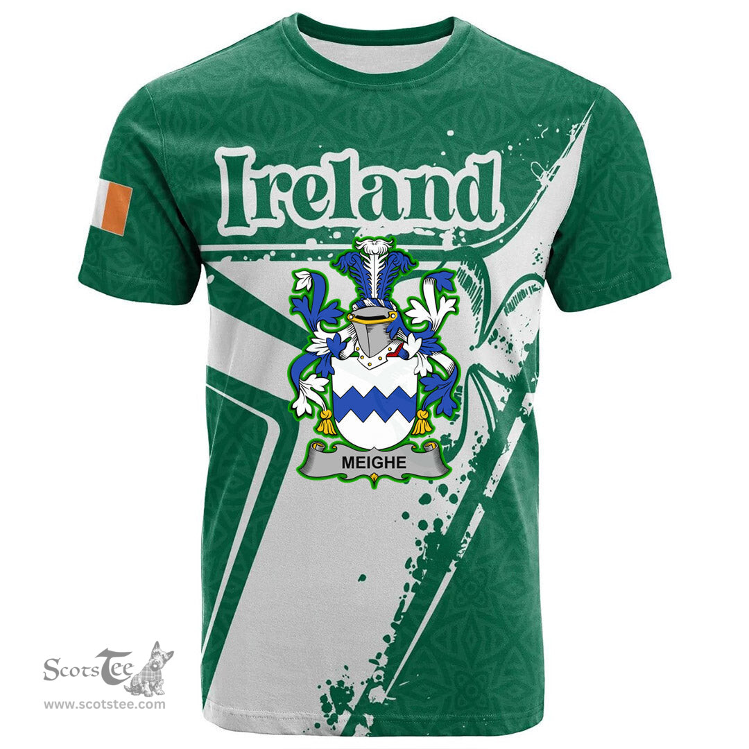 ScotsTee Shop Irish Meighe Coat of Arms Irish Celtic Shamrock T Shirt Add Your Text Personalized T Shirt