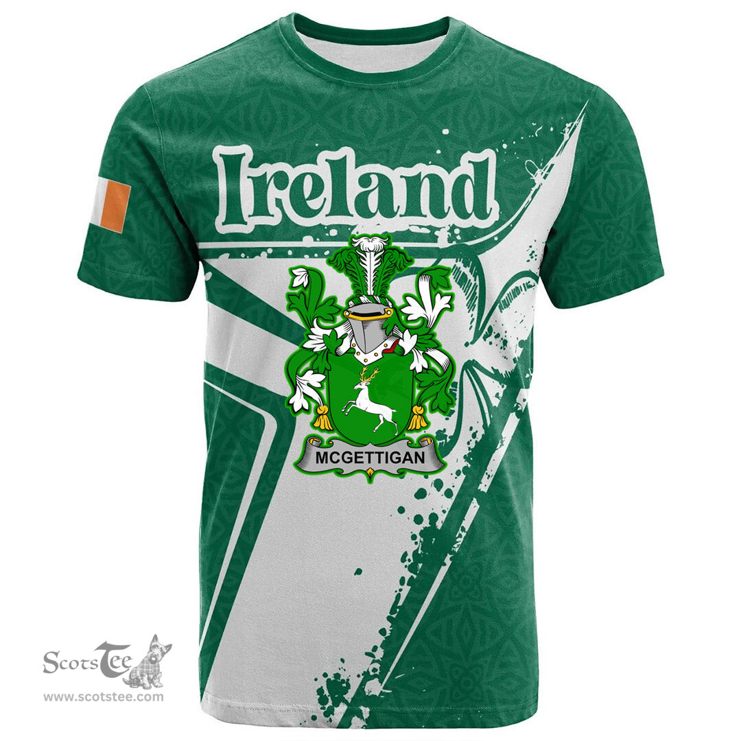 ScotsTee Shop Irish McGettigan or Gethin Coat of Arms Irish Celtic Shamrock T Shirt Add Your Text Personalized T Shirt