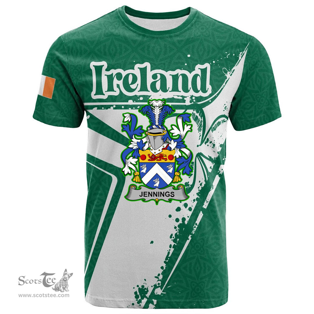 ScotsTee Shop Irish Jennings or Jennyns Coat of Arms Irish Celtic Shamrock T Shirt Add Your Text Personalized T Shirt