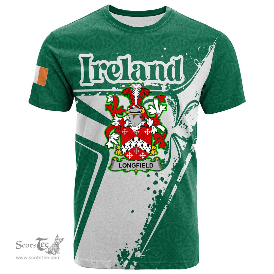 ScotsTee Shop Irish Longfield Coat of Arms Irish Celtic Shamrock T Shirt Add Your Text Personalized T Shirt
