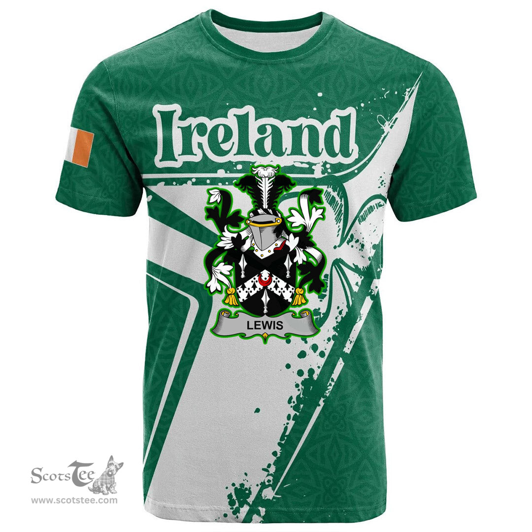 ScotsTee Shop Irish Lewis Coat of Arms Irish Celtic Shamrock T Shirt Add Your Text Personalized T Shirt