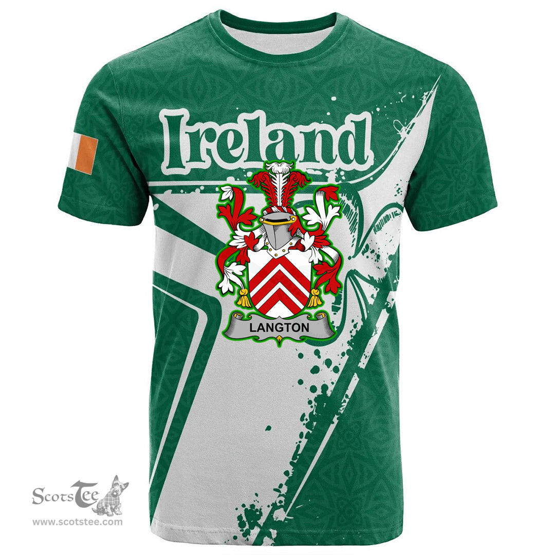 ScotsTee Shop Irish Langton Coat of Arms Irish Celtic Shamrock T Shirt Add Your Text Personalized T Shirt