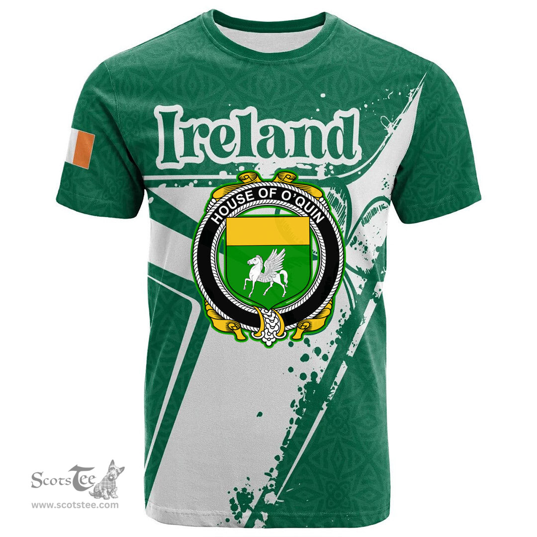 ScotsTee Shop Irish House of O QUIN Annaly Coat of Arms Irish Celtic Shamrock T Shirt Add Your Text Personalized T Shirt