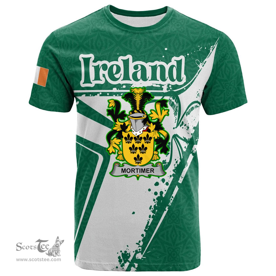 ScotsTee Shop Irish Mortimer Coat of Arms Irish Celtic Shamrock T Shirt Add Your Text Personalized T Shirt