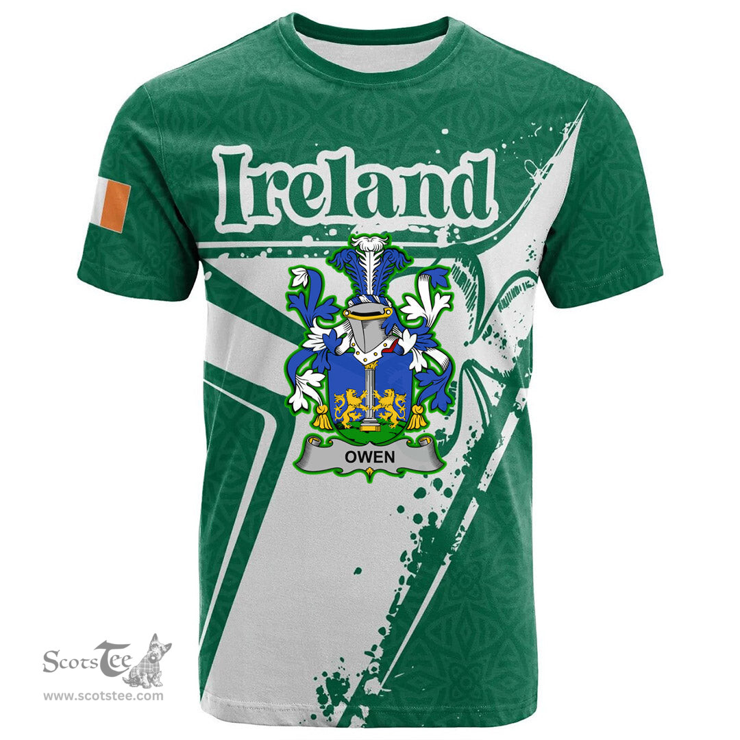 ScotsTee Shop Irish Owen Coat of Arms Irish Celtic Shamrock T Shirt Add Your Text Personalized T Shirt