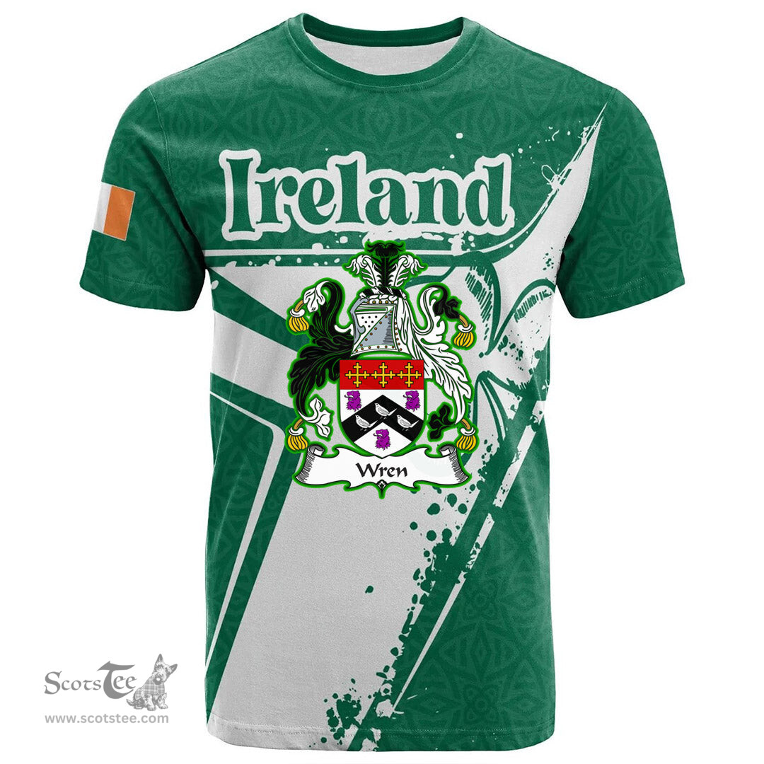 ScotsTee Shop Irish Wren or Wrenn Coat of Arms Irish Celtic Shamrock T Shirt Add Your Text Personalized T Shirt