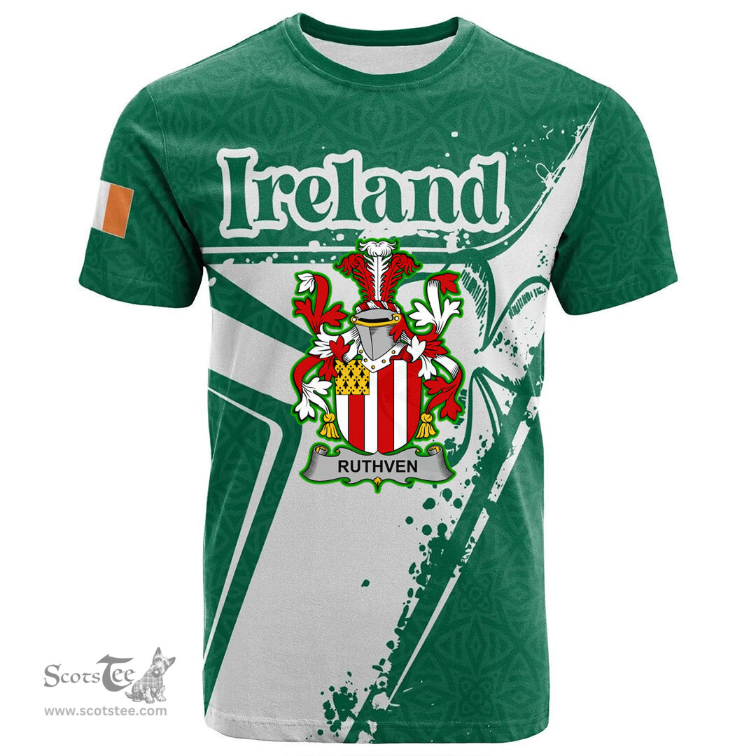 ScotsTee Shop Irish Ruthven Coat of Arms Irish Celtic Shamrock T Shirt Add Your Text Personalized T Shirt