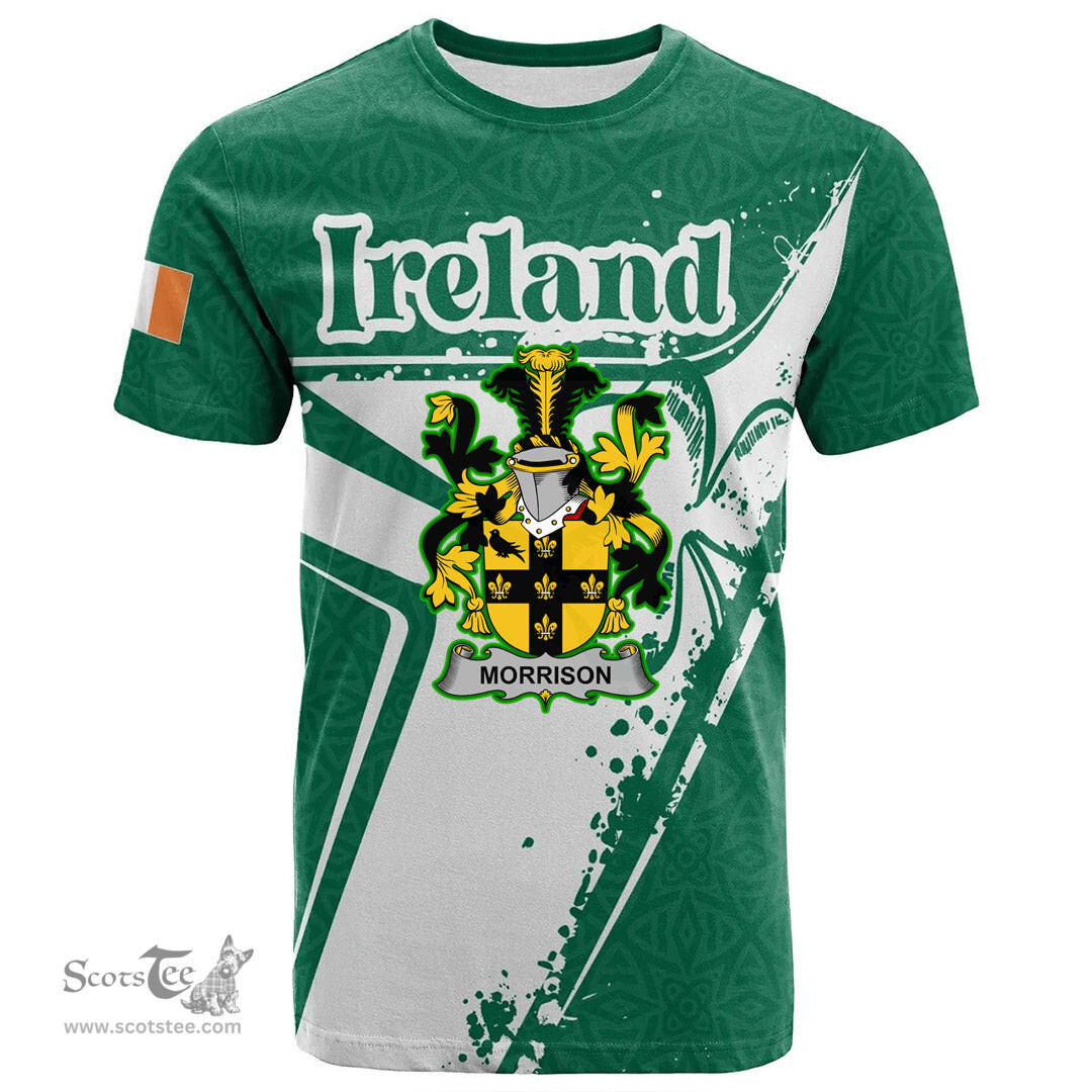ScotsTee Shop Irish Morrison Coat of Arms Irish Celtic Shamrock T Shirt Add Your Text Personalized T Shirt