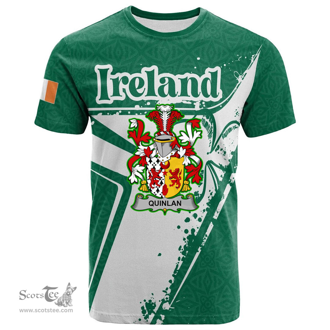 ScotsTee Shop Irish Quinlan or O Quinlevan Coat of Arms Irish Celtic Shamrock T Shirt Add Your Text Personalized T Shirt