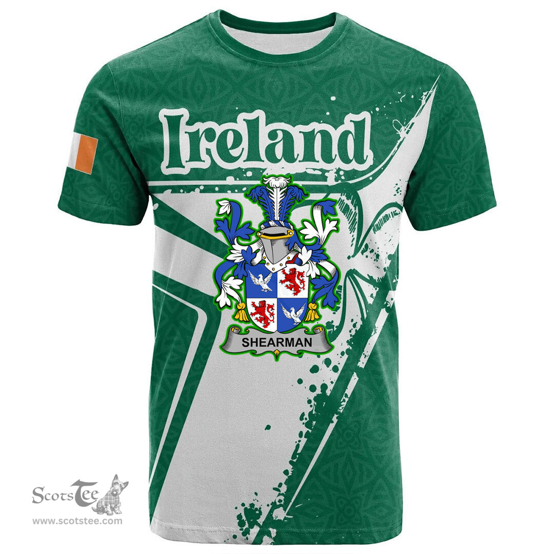 ScotsTee Shop Irish Shearman Coat of Arms Irish Celtic Shamrock T Shirt Add Your Text Personalized T Shirt