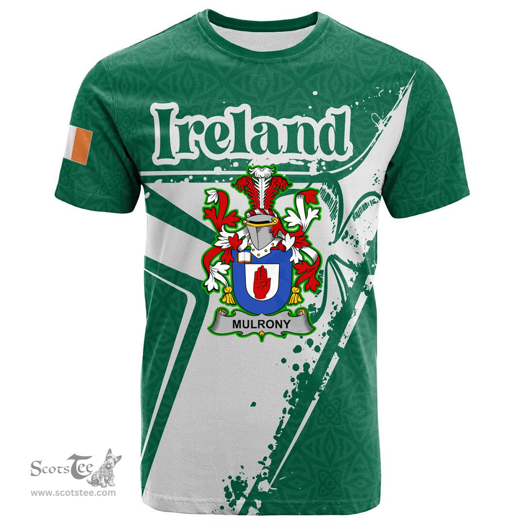 ScotsTee Shop Irish Mulrony or O Mulroney Coat of Arms Irish Celtic Shamrock T Shirt Add Your Text Personalized T Shirt