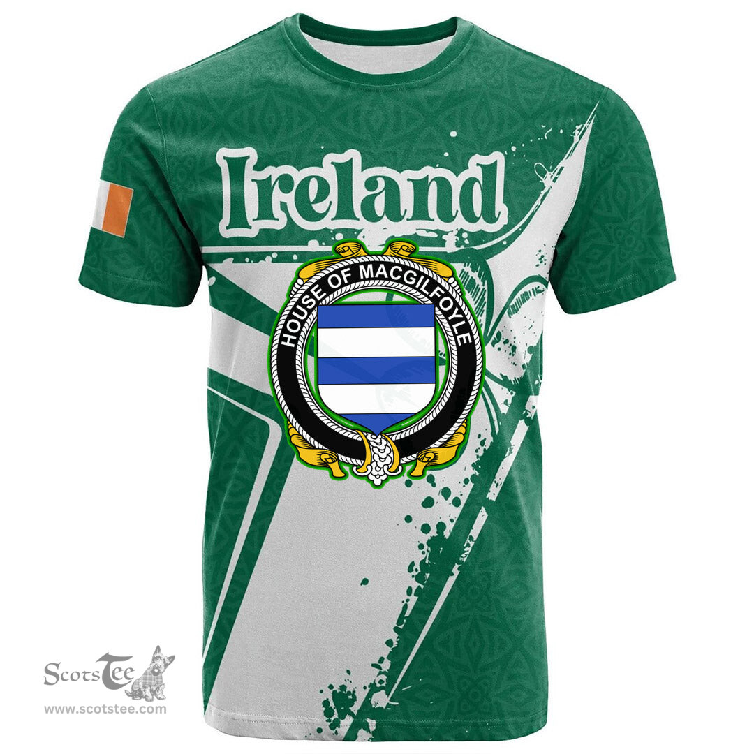 ScotsTee Shop Irish House of MACGILFOYLE Coat of Arms Irish Celtic Shamrock T Shirt Add Your Text Personalized T Shirt