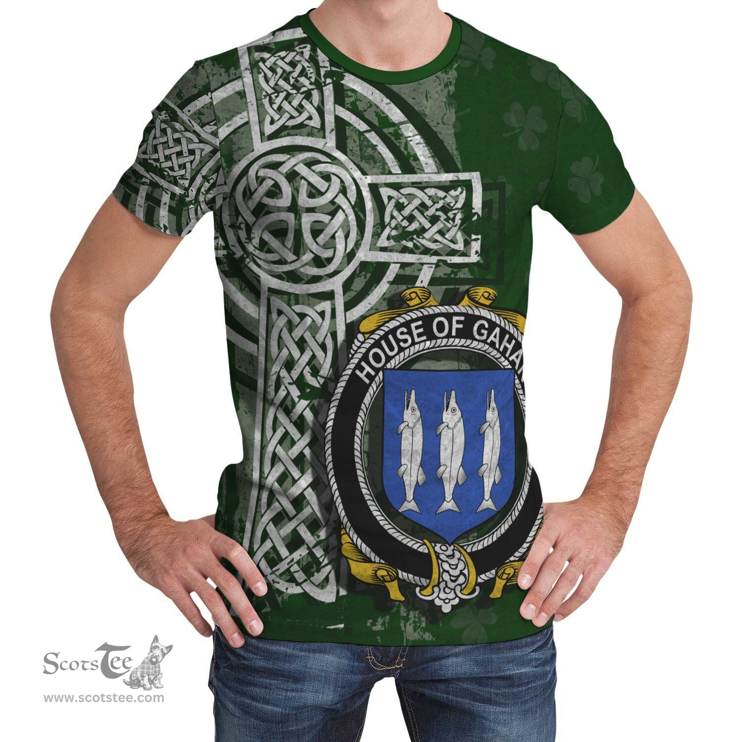 ScotsTee Shop Irish Gahan or McGahan Coat of Arms Irish Family Crest T Shirt Irish Shamrock Celtic Cross Green T Shirt