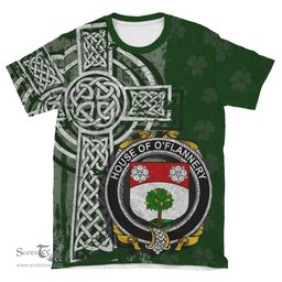 ScotsTee Shop Irish Flannery or O'Flannery Coat of Arms Irish Family Crest T Shirt Irish Shamrock Celtic Cross Green T Shirt