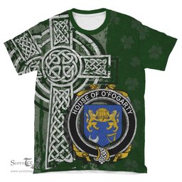ScotsTee Shop Irish Fogarty or O'Fogarty Coat of Arms Irish Family Crest T Shirt Irish Shamrock Celtic Cross Green T Shirt