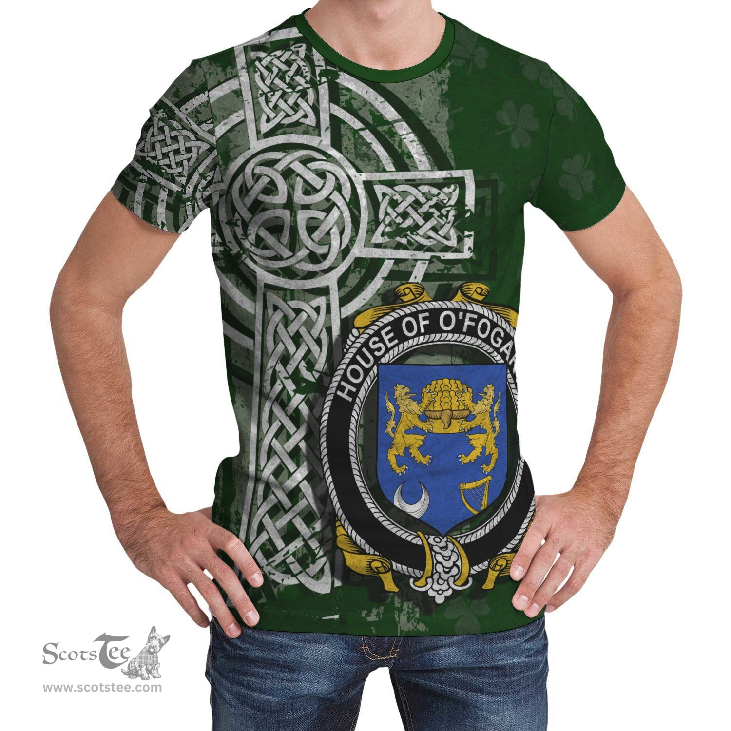 ScotsTee Shop Irish Fogarty or O'Fogarty Coat of Arms Irish Family Crest T Shirt Irish Shamrock Celtic Cross Green T Shirt
