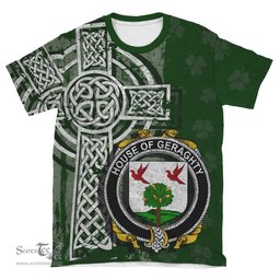 ScotsTee Shop Irish Geraghty or McGarrity Coat of Arms Irish Family Crest T Shirt Irish Shamrock Celtic Cross Green T Shirt