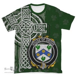ScotsTee Shop Irish Grove Coat of Arms Irish Family Crest T Shirt Irish Shamrock Celtic Cross Green T Shirt