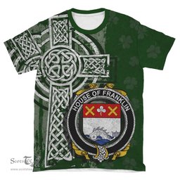 ScotsTee Shop Irish Franklin Coat of Arms Irish Family Crest T Shirt Irish Shamrock Celtic Cross Green T Shirt