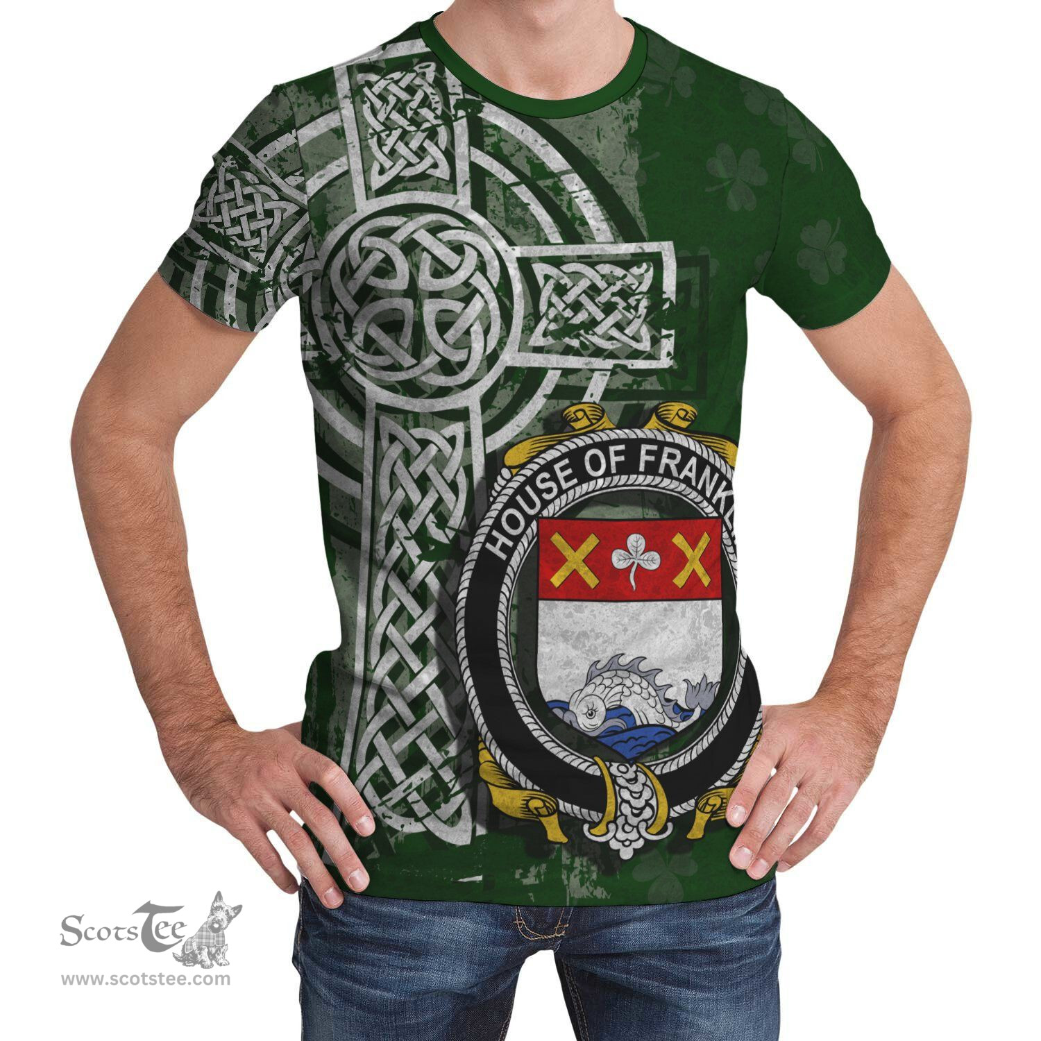 ScotsTee Shop Irish Franklin Coat of Arms Irish Family Crest T Shirt Irish Shamrock Celtic Cross Green T Shirt